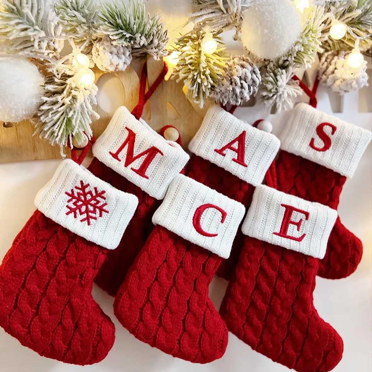 Xmas 2024 Decor Christmas Socks Knitting Snowflake Letter Stocking Christmas Tree Decoration He 2025 New Year Ornament Gift H251107-image-1083630353