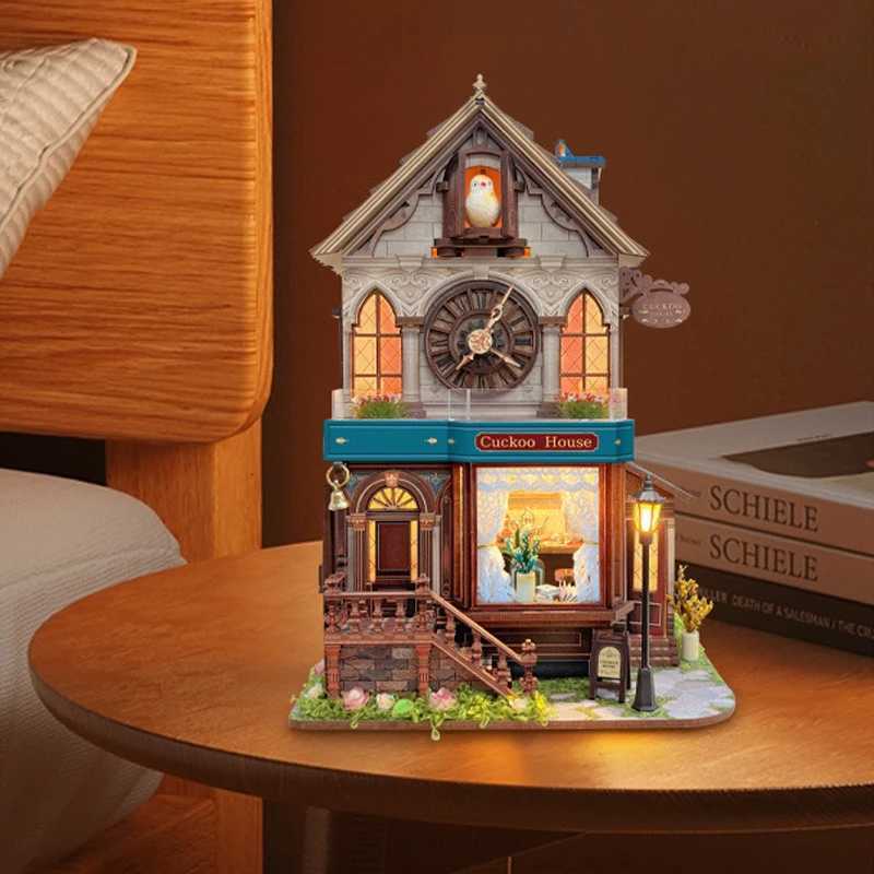 Retro Cuckoo House DIY Wooden House Cottage Figurines Miniatures Kits With LED Lights Home Decoration For Adult Handmade Gifts K260321-image-1098416001