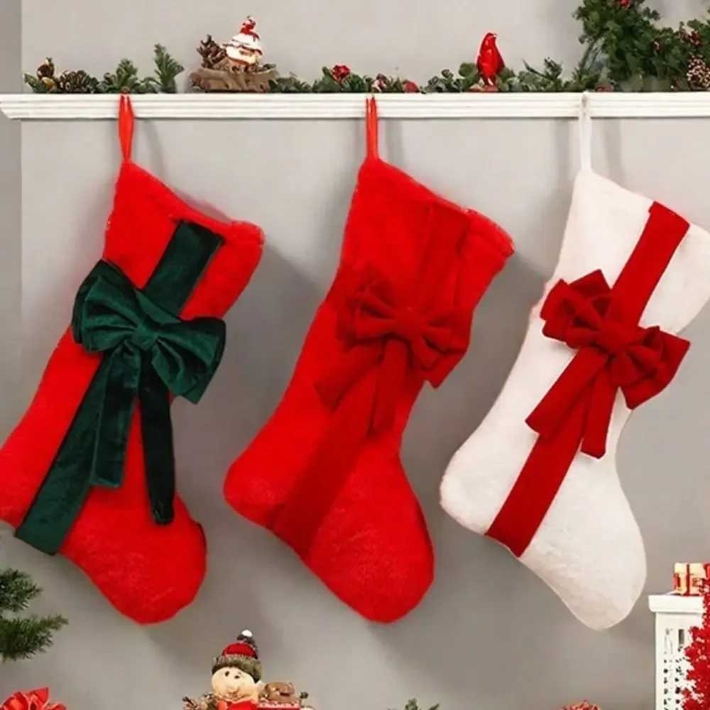 Christmas Bag Candy With Bow Plush Christmas Stocking Cartoon 3D Christmas Present Bag Lagre Size Xmas Tree Hanging Socks Kids H251107-image-1083628587