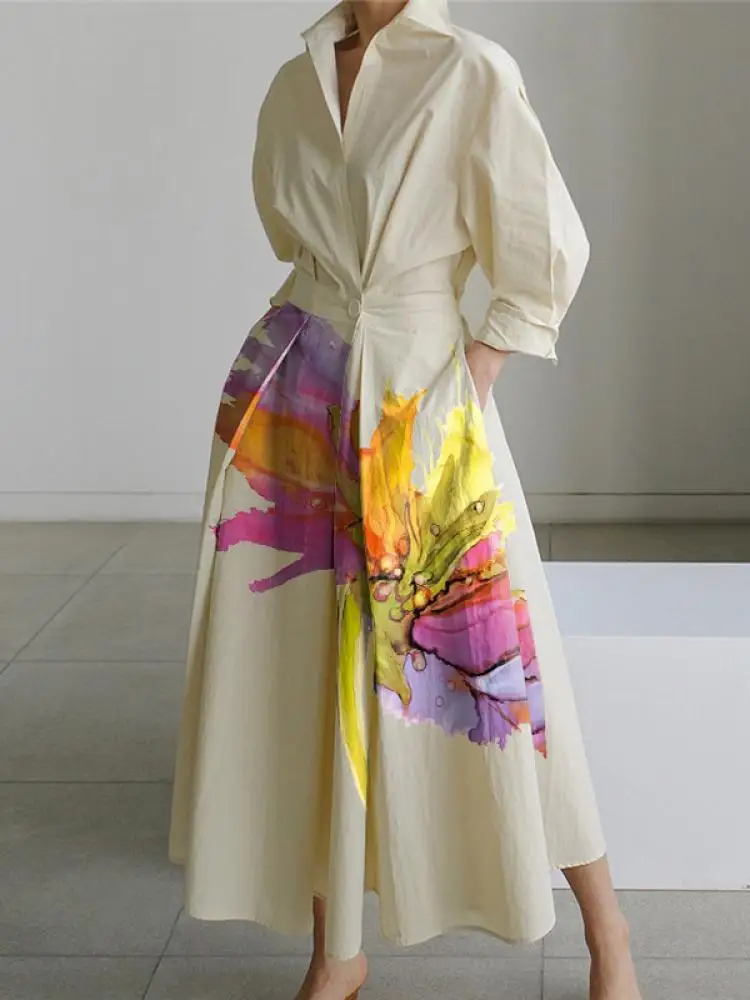 Women Fashion Elegant Floral Print Party Evening Dresses Elastic Waist Casual Office Formal Lapel Pleated A-Line Dress