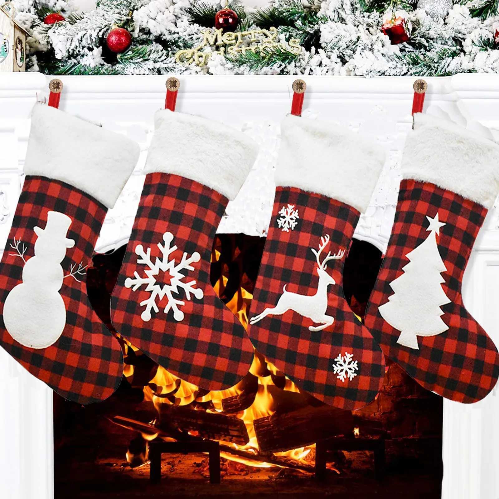 Christmas Stocking Fireplace Decor Christmas Gift Fun Tree Snowflake Red White Plaid Sock Boots Fireplace He Decoration H251107-image-1083628701