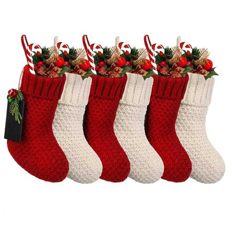 1PC Christmas Knitted Stockings Decor Festival Gift Bag Fireplace Xmas Tree Hanging Ornaments Decor Red White Christmas Sock red H251107-image-1083630472