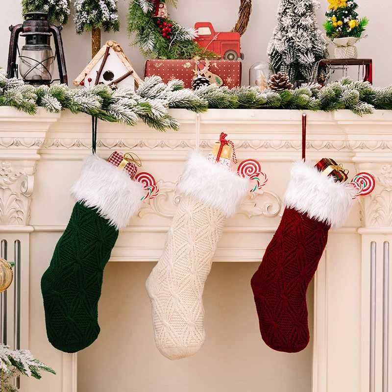 Solid Color Christmas Cable Knit Stockings Plush Large Size Personali Stocking Hanging Decoration for Family Holiday Tree H251107-image-1083629085