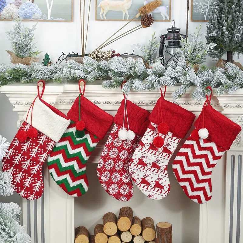 New Knit Christmas Stockings - Red/White Reindeer Pattern Gift Bags for Kids Holiday Decor with Plush Yarn for Fireplace Mantle H251107-image-1083629289
