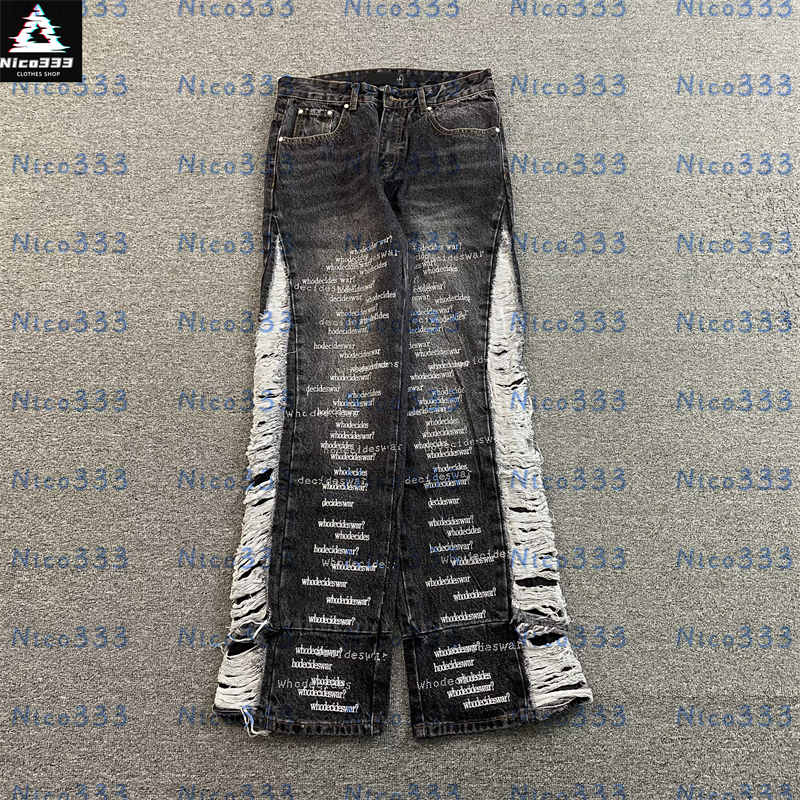 Who jeans Tie-dye splicing color collision loose loose hundred street men and women with the same paragraph casual straight flare jeans-image-894874323
