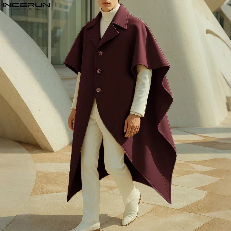 INCERUN Men Cloak Coats Solid Color Lapel Oversize Fashion Casual Male Ponchos Trench Streetwear Leisure Cape 251030