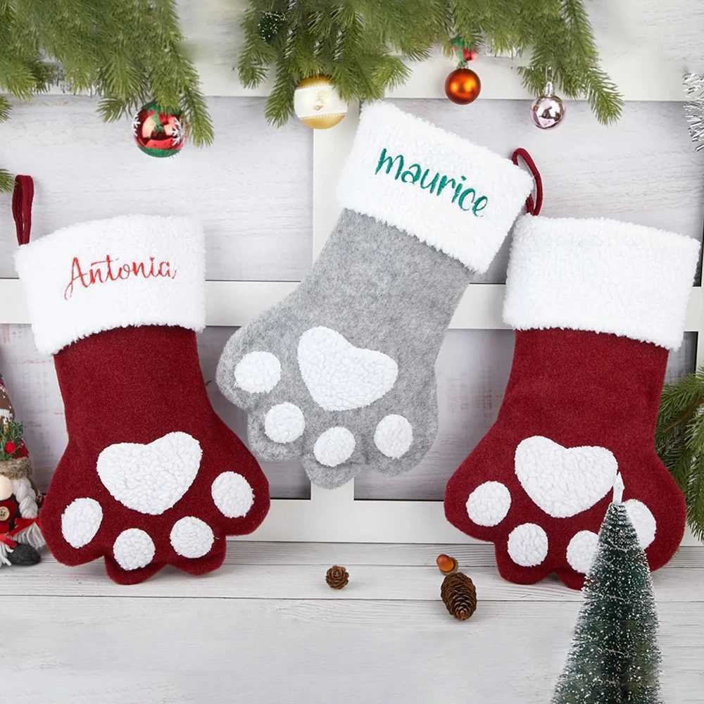 Cust Pet Christmas Stockings with Embroidered Name Pet Paw or Large Bone Xmas Stockings for Holiday Decoration H251107-image-1083628772