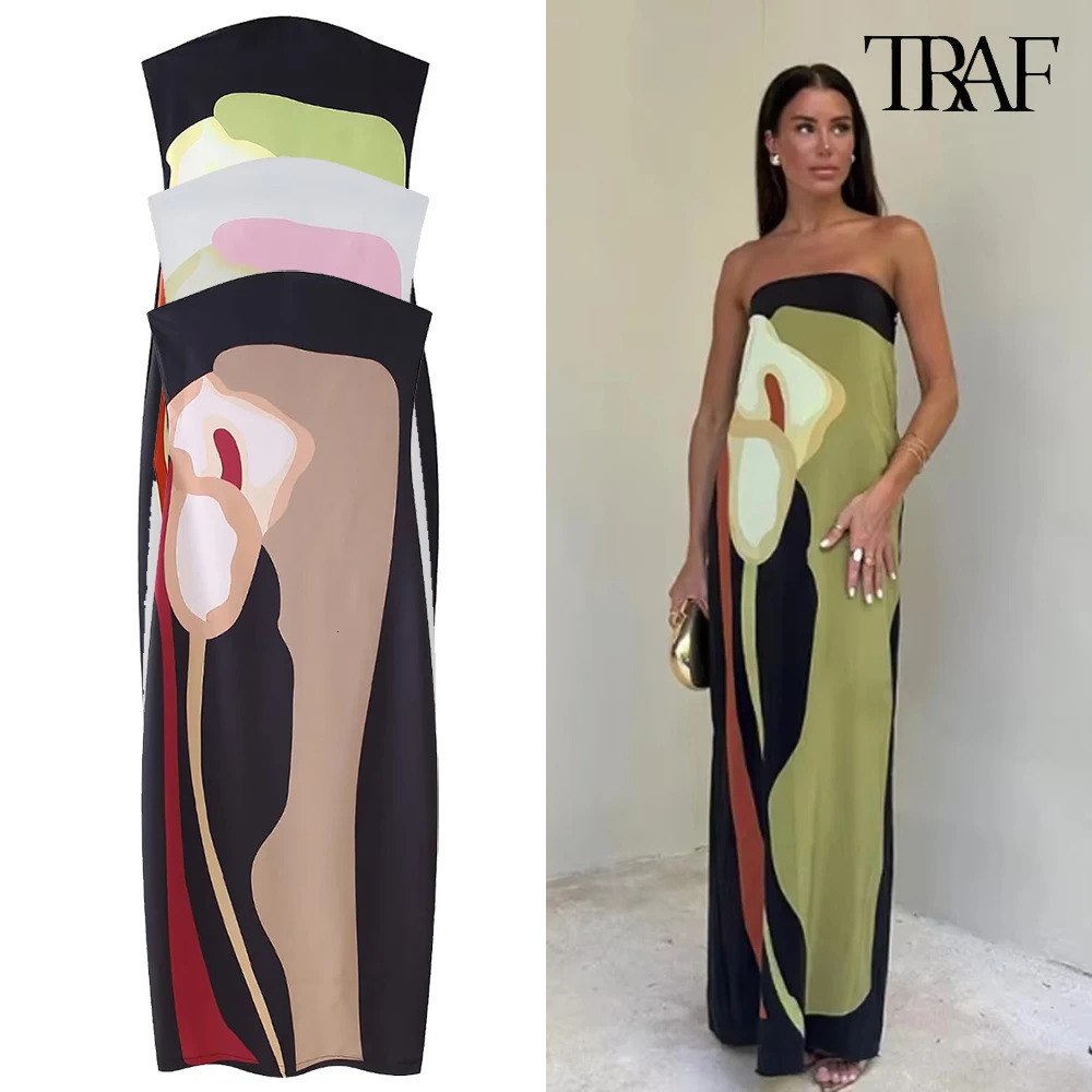 TRAF womens strapless printed dress European and American sexy holiday style long 2025 summer party evening 250322Z