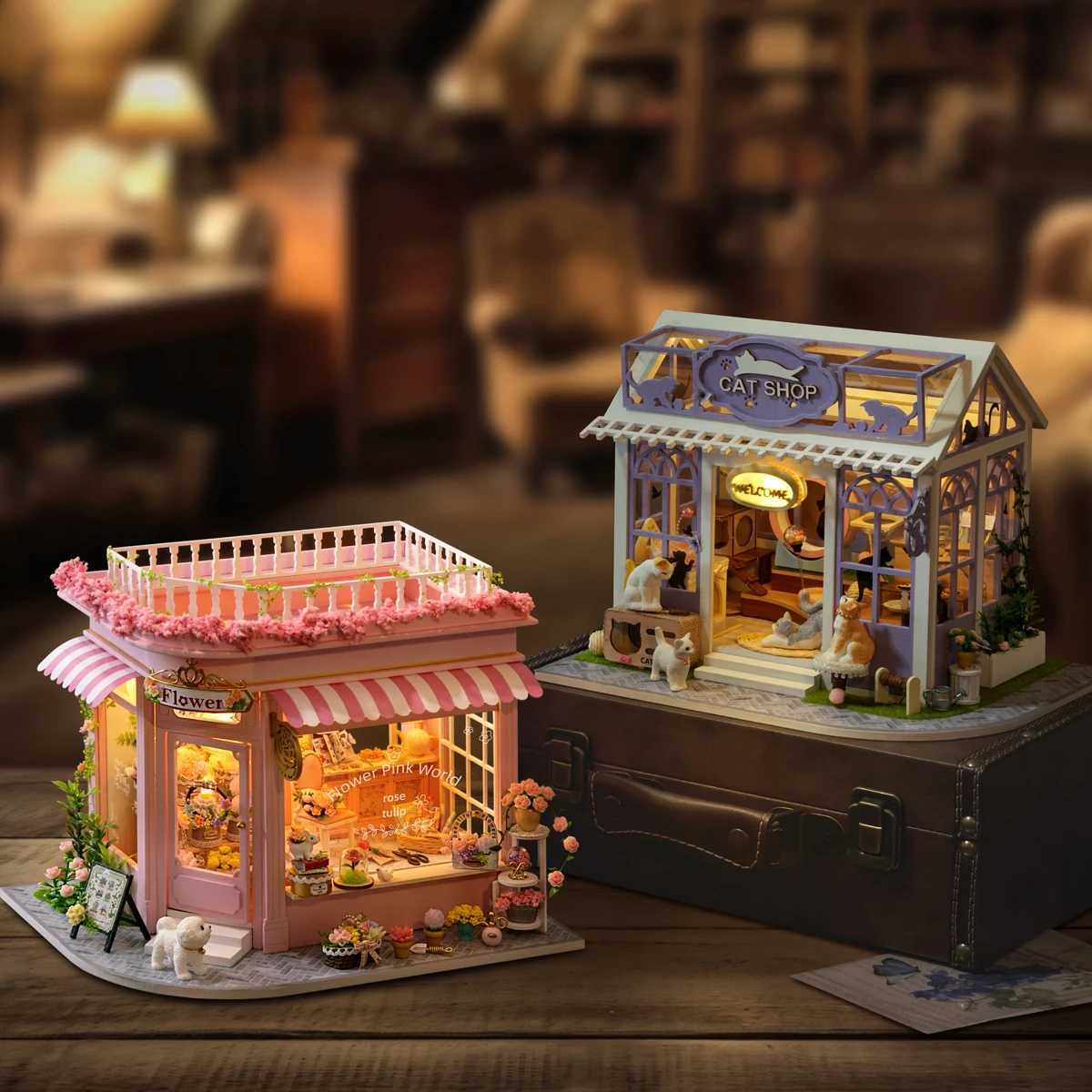 Cat Shop Cottage Figurines DIY Wooden Miniatures Kits Assembled Houses Light Casa for Friends Birthday Gifts Home Decor Crafts K251106 K260321-image-1098415993