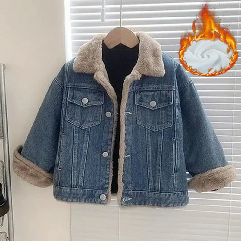 Girls Thick Denim Jackets Childrens Plus Velvet Winter Warm Coats Padded Outerwear Kids Fleece-lined Casual Clothing 4-12Y 251104BJ