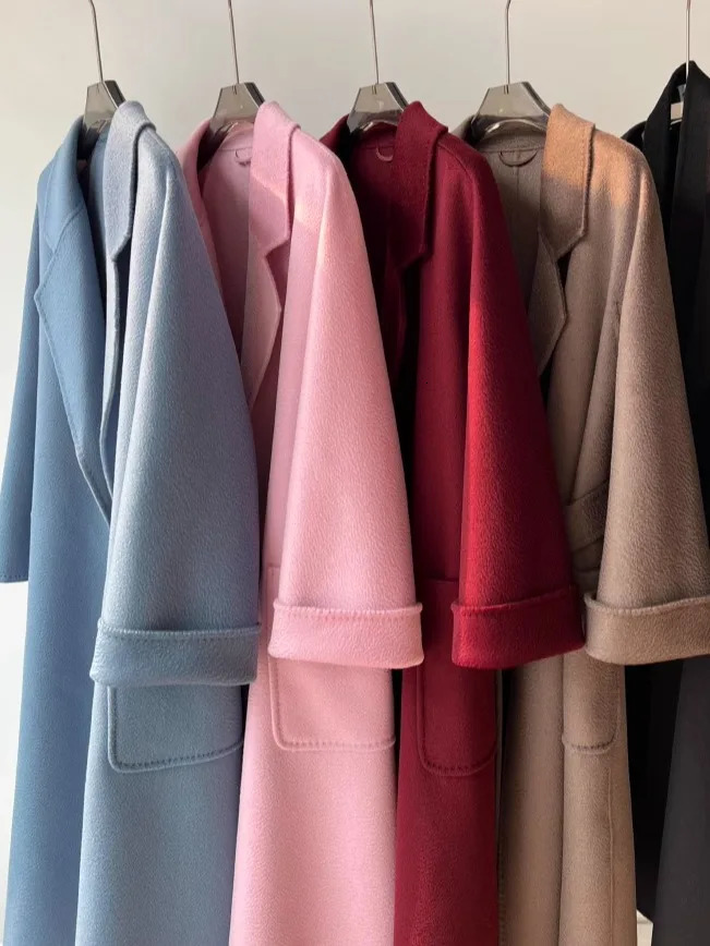 MAX Colors Hand Sewn Doublesided Cashmere Water Ripple Long Lace Up Silhouette Wool Coat for Women 251104