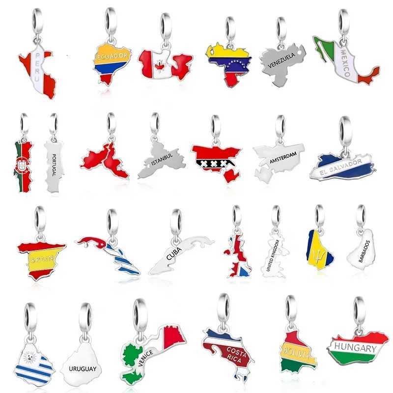 Real 925 Sterling Silver Fit Original Pan Charms Bracelet Color Enamel DOMINICAN Flag Map Bead For Making Women Berloque 2024XJ251107-image-1083672601
