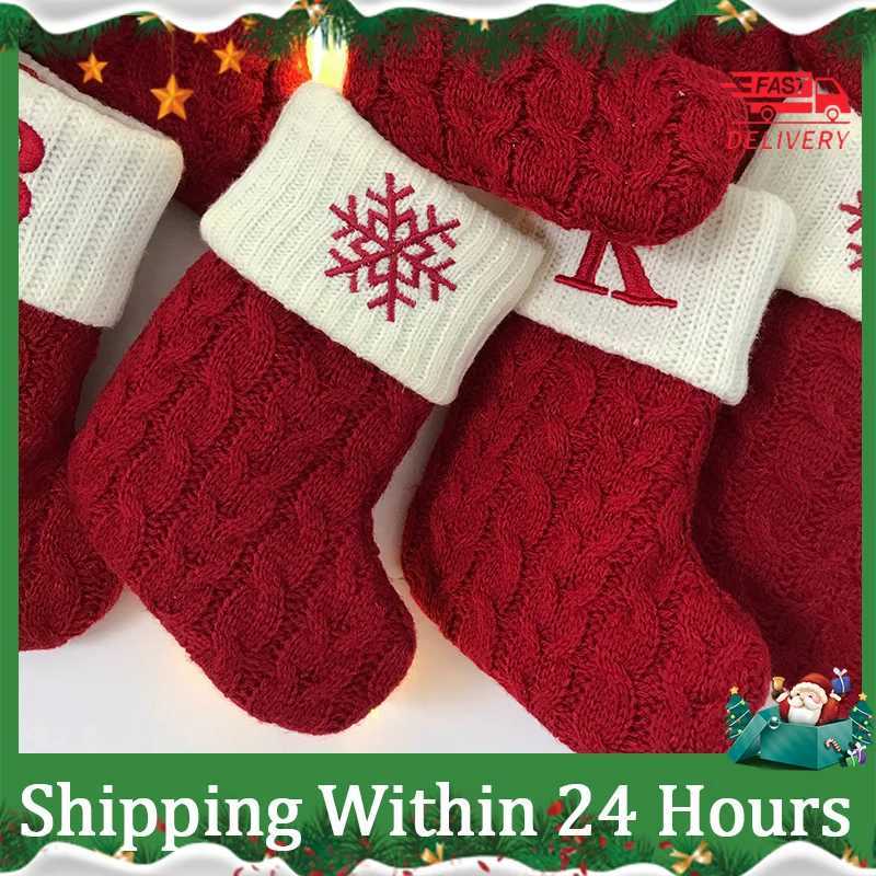 Letters Christmas Knitting Stocking Christmas Tree Pendant Decorations for He Xmas Gift Snowflake Alphabet Christmas Socks Red H251107-image-1083627711
