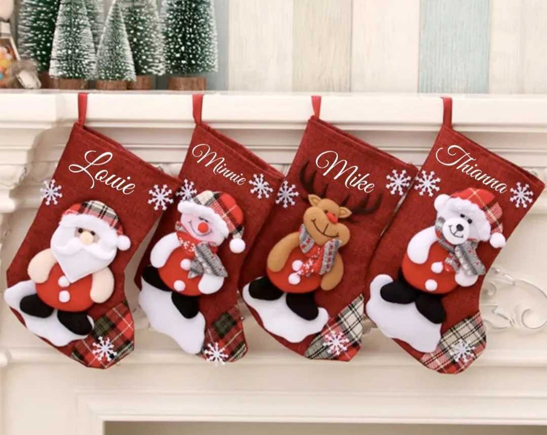 Personali Kids Christmas Stocking with Cust Name Snowman Santa Reindeer Linen and Felt Holiday Gift H251107-image-1083628201