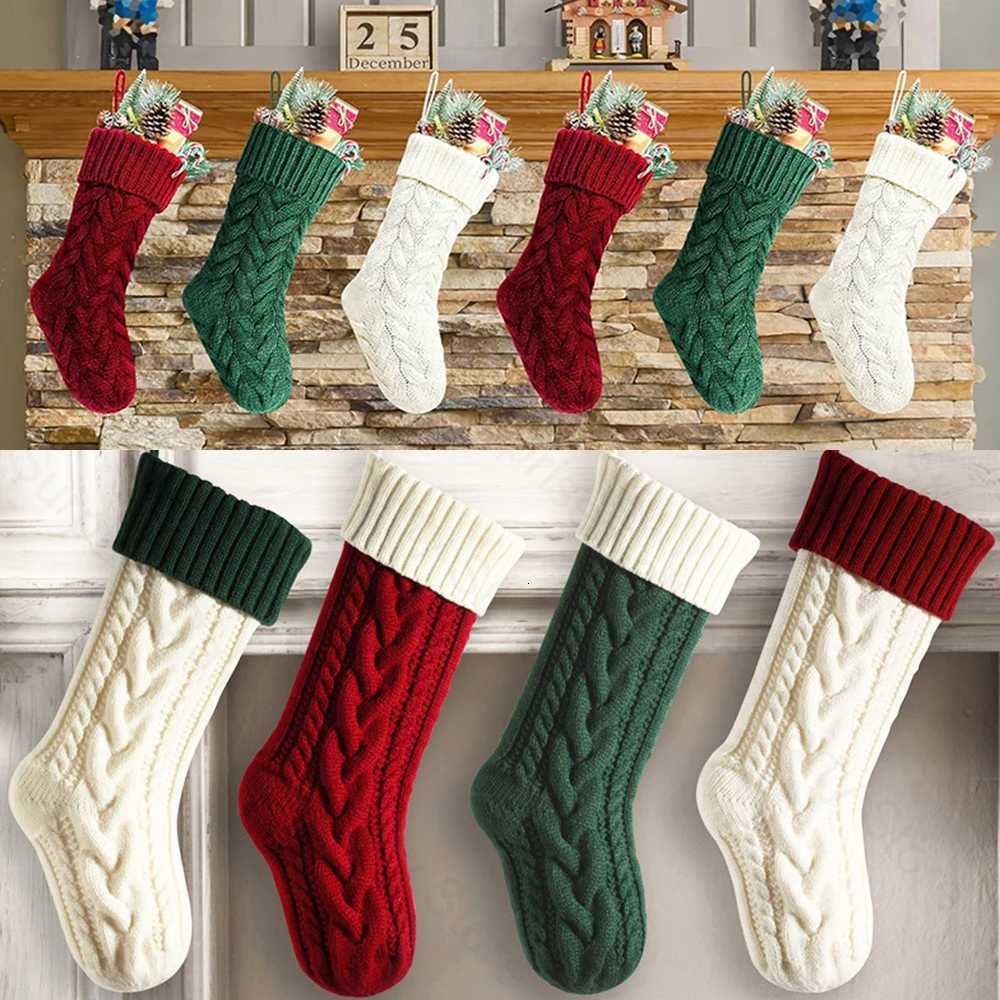 Red Green Christmas Stockings Large Size Knitted Xmas Stocking Christmas Party Decoration New Year Fireplace Hanging Stockings H251107-image-1083627849