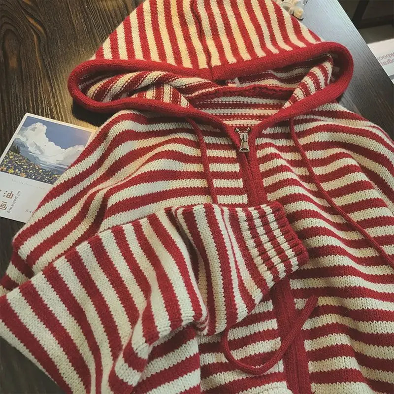 Oversized Knitted Striped Hooded Cardigan Women Autumn Winter Loose Casual Zipper Sweaters Versatile Knitting Outerwear 251104BJ