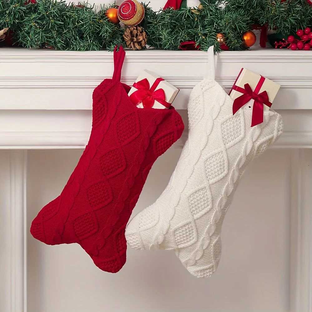 1pc Knit White Christmas Stocking Bone Shape Dog Stocking Large Pet Stockings Christmas Gift Packaging Bag Festive Decoration H251107-image-1083627473