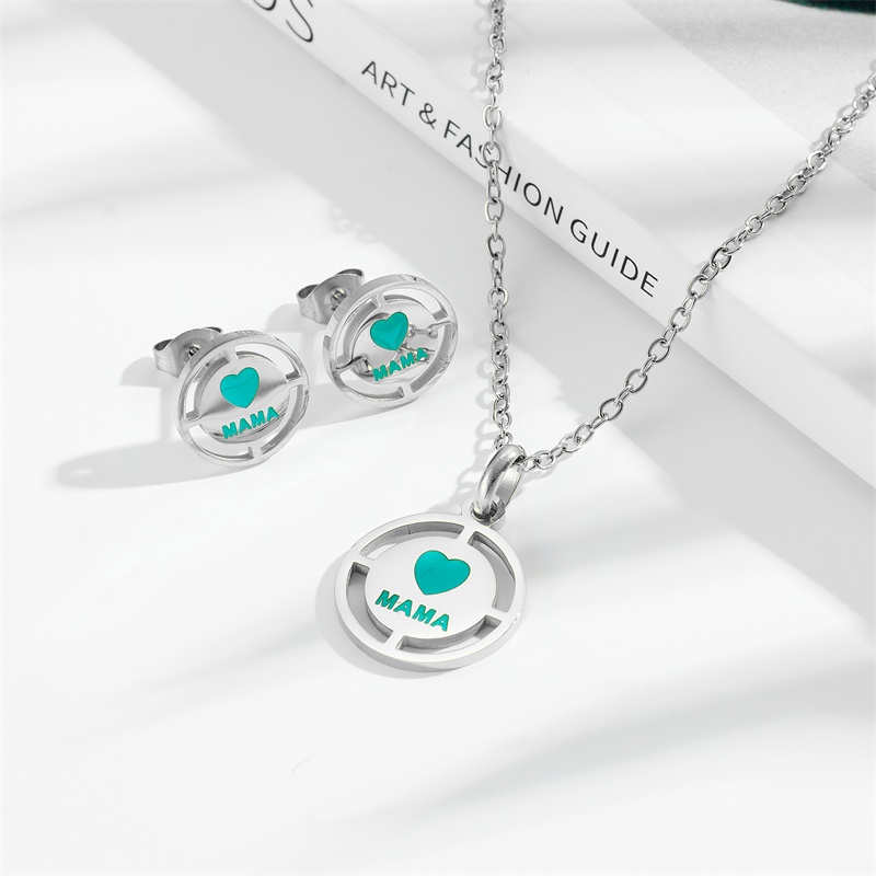 Fashion Women Men Silver Gold Stainless Steel Bear Mama Heart Letter Chain Pendant Necklace Earrings Sets Jewelry Mother's Day-image-1052243753