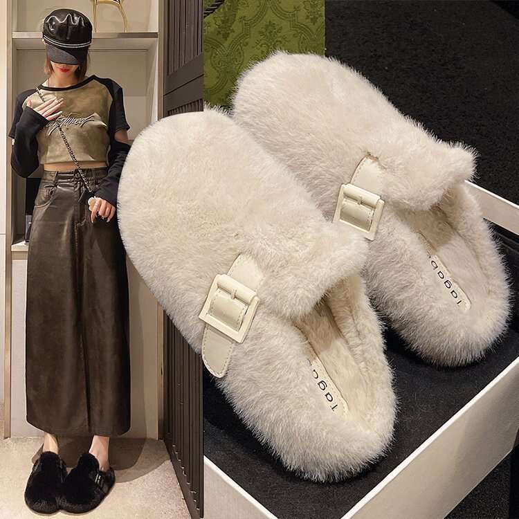 Pantoufles pour femmes vêtements d'extérieur 2026 nouvel automne et hiver mode à enfiler pantoufles en demi-coton à bout fermé chaussures en four