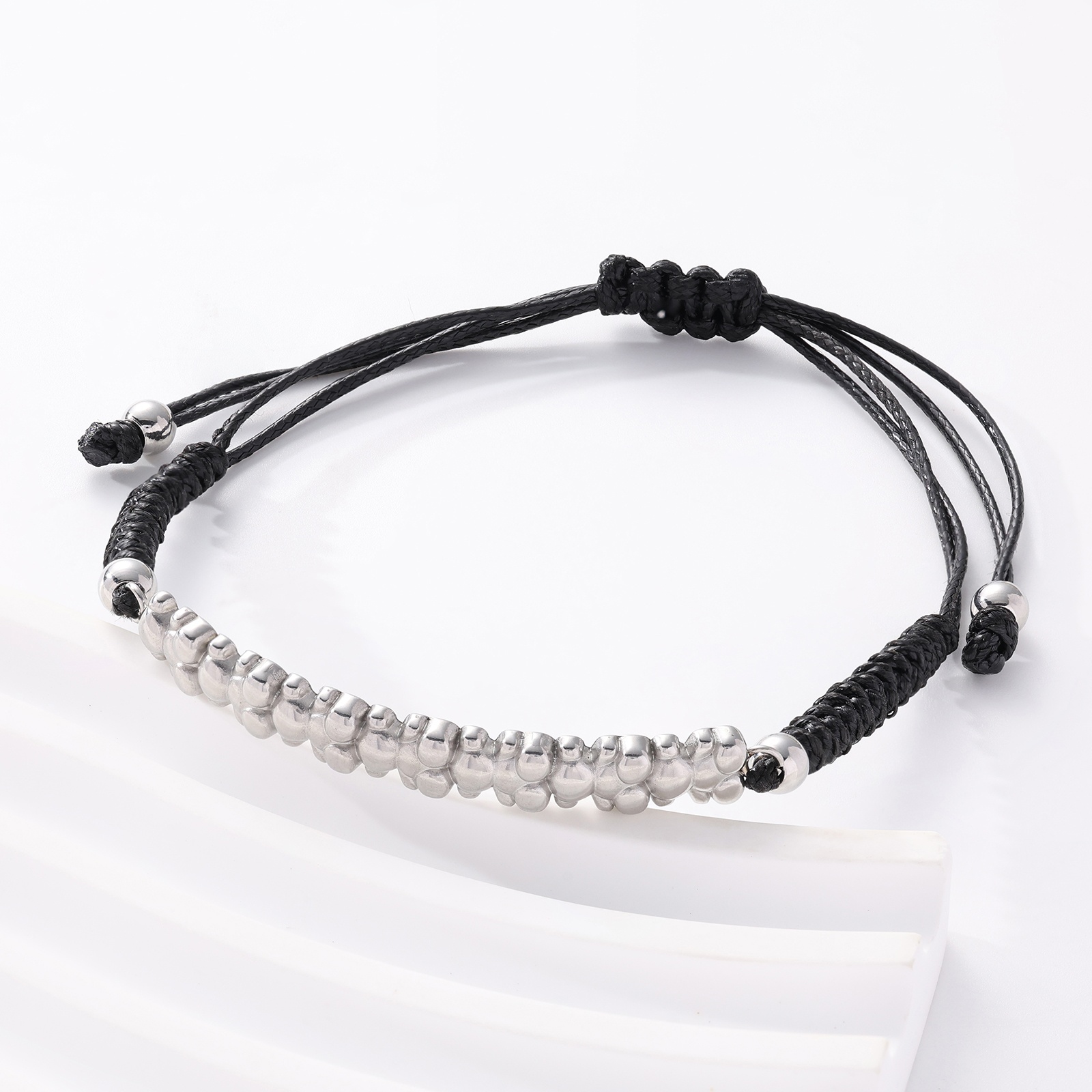 Fashion Women Girls Silver Rose Gold Black Stainless Steel Span Bear Cartoon Animal Black Cotton Weave Rope Bracelets Jewelry Pulsera A Gift-image-1097309697