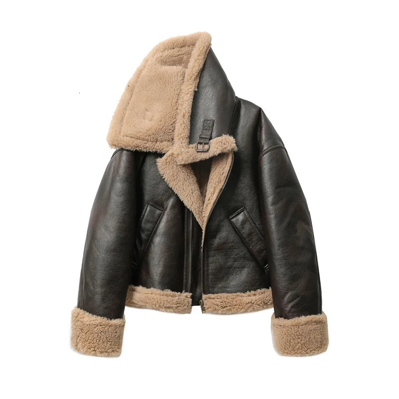 Autumn winter womens thickened warm double-sided short jacket Womens brown coat 251202