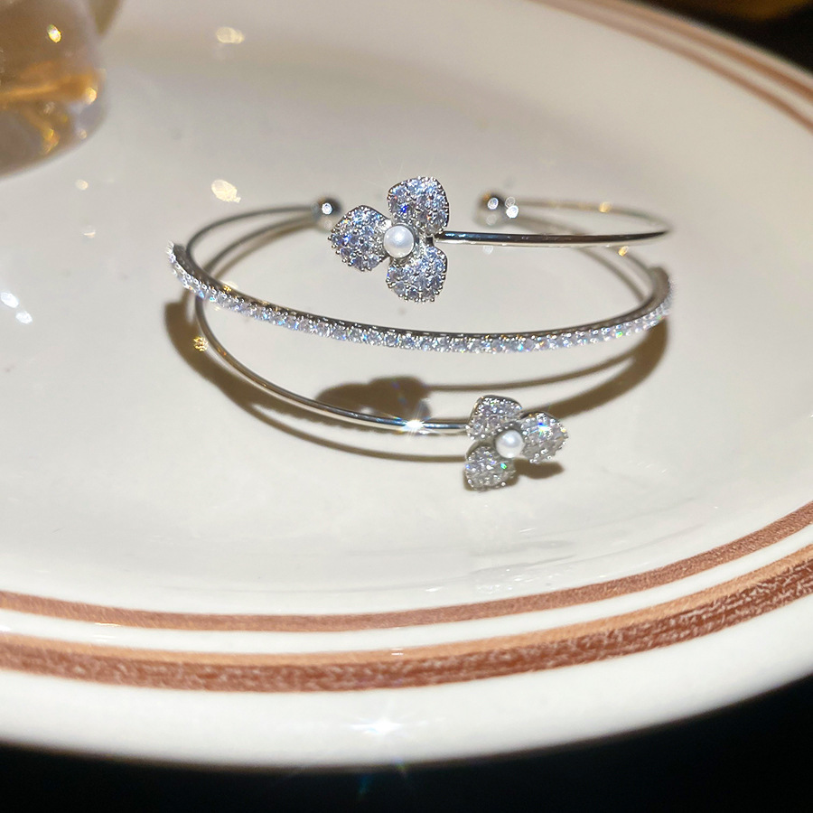 Zircon Pearl Flower Multi-layer Open Exquisite Elegant Versatile Bracelet Light Luxury Women's Jewelry-image-1102068919