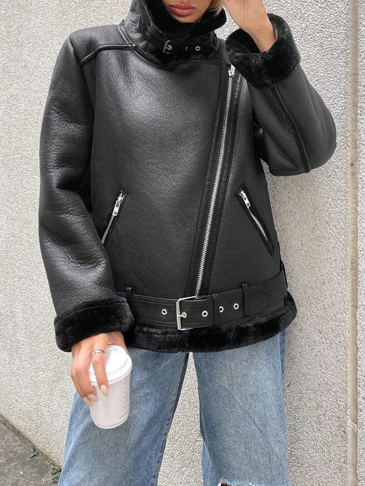 Fitaylor hiver femmes fausse fourrure veste en cuir décontracté dame épais chaud veste en cuir haute rue moto vêtements d'extérieur 251202