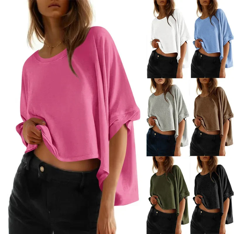Womens casual summer T shirt oversized batwing twisted short sleeves cotton crew collar top from China 250403