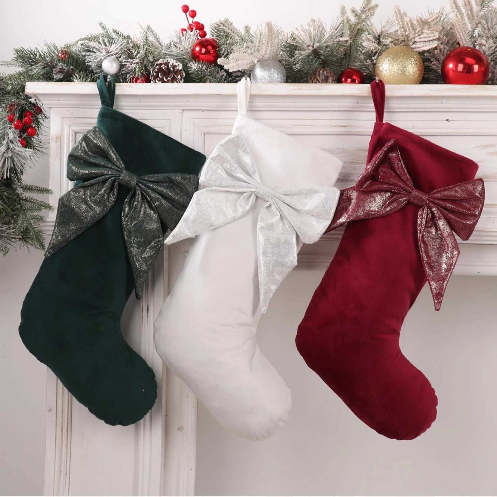 Solid Color Christmas Hanging Stockings with Cute Bow He Party Christmas Tree Ornament Present Bag H251107-image-1083629105