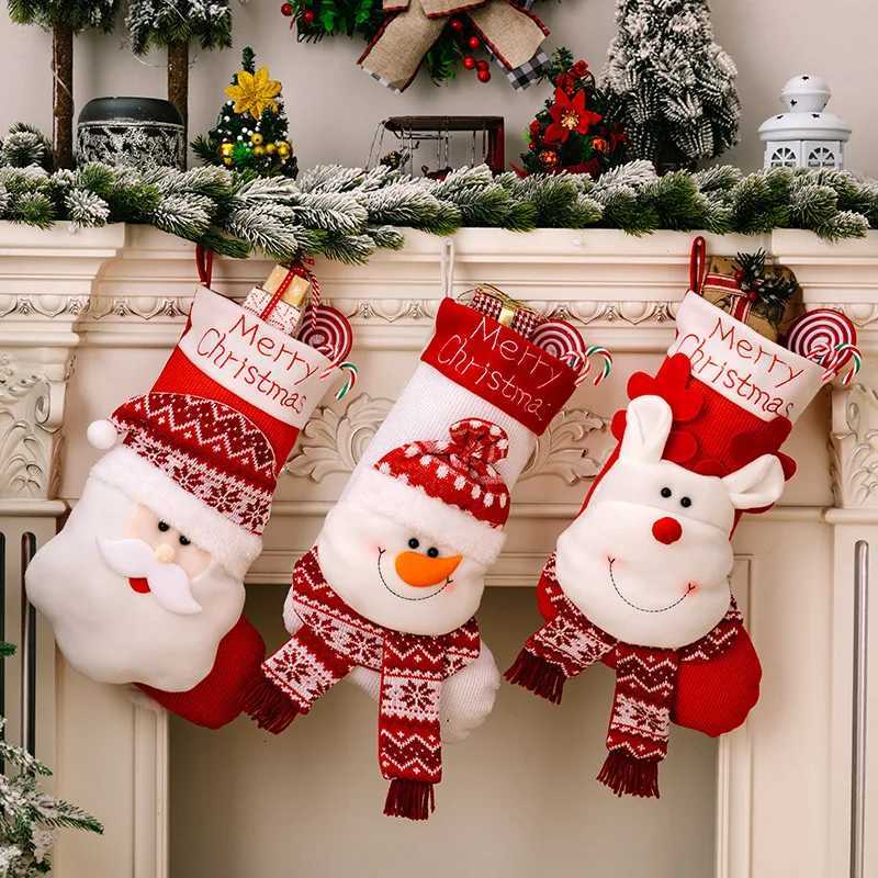 Large Santa Snowman Elk Stockings Knitted Decorations Fireplace Xmas Tree Hanging Stocking for Family New Year Party He Decor H251107-image-1083630478