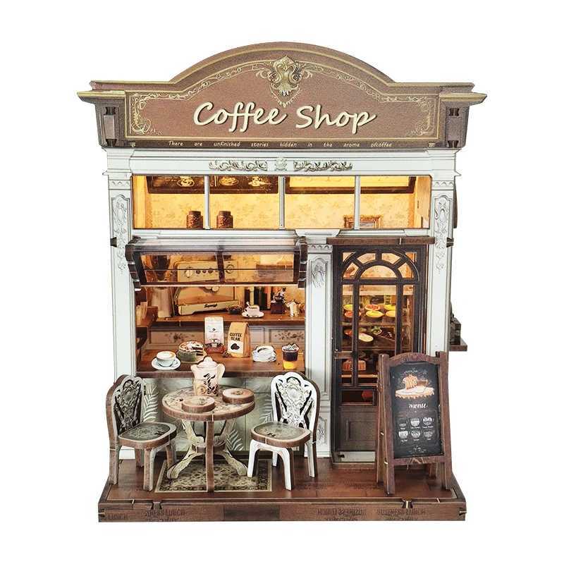 NEW DIY Wooden Coffee Shop Cottage Figurines Miniatures Bookend Handmade Houses Casa for Friends Birthday Gifts Home Decor K251106 K260321-image-1098415787