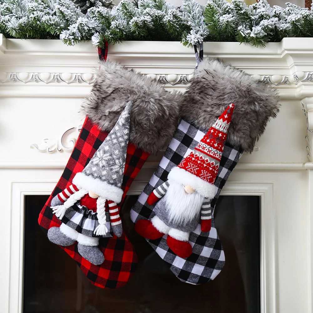 Christmas Stockings 2 Pack Plaid Christmas Stockings with 3D Gne Santa Faux Fur Cuff H251107-image-1083630516