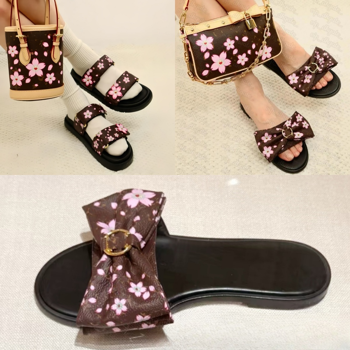 10a Womens cherry blossom Lily Flat Mule Sliders Pink Sandal Designer slipper Denim leather pool slide bow murakami Sandale Fashion Luxury Summer Be