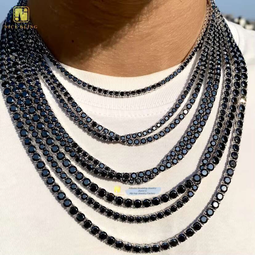 Pass Diamond Tester Black Gold Plated 925 Sterling Silver Moissanite Iced Out Necklace Black Color Moissanie Tennis Chain
