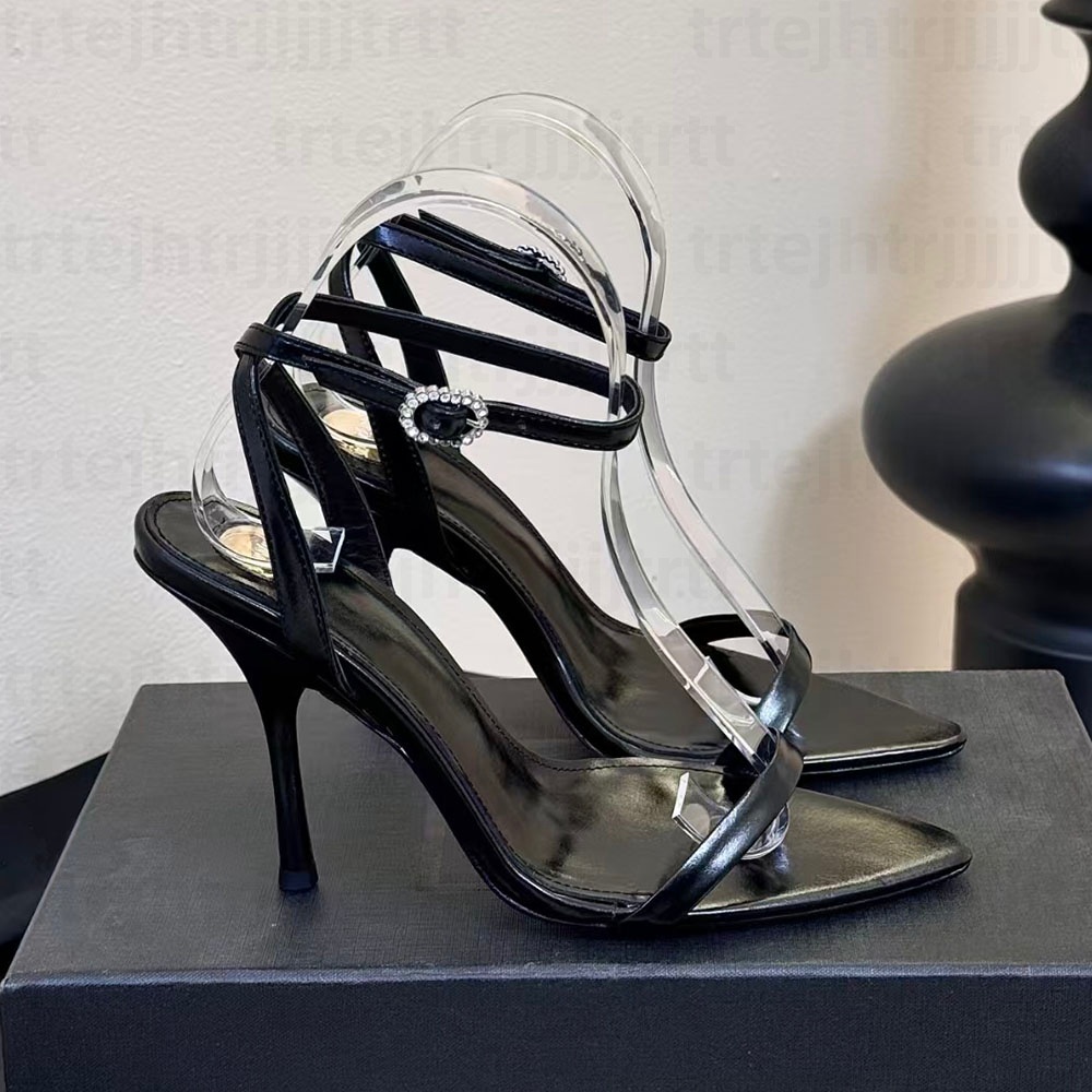 Mode bout pointu sandales à talons aiguilles de luxe en cuir verni bride à la cheville chaussures habillées à bout ouvert pour femmes chaussures