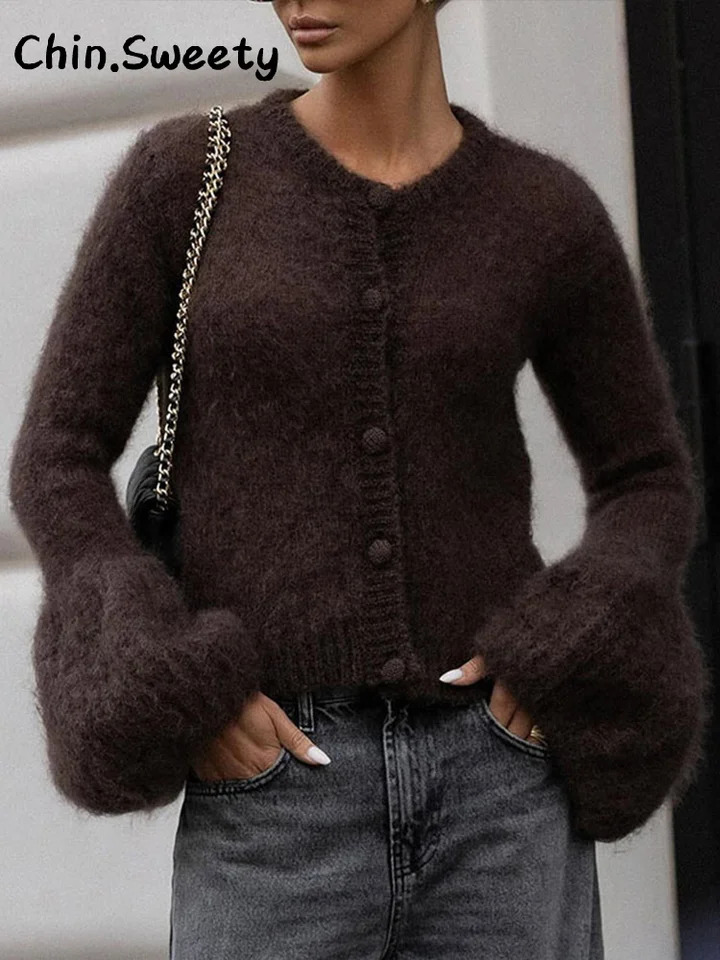 Chic Knitted Flare Sleeve Sweaters Women Loose Solid O-neck Single Breasted Sweater Autumn Winter Lady All-match Knitwears 251104BJ