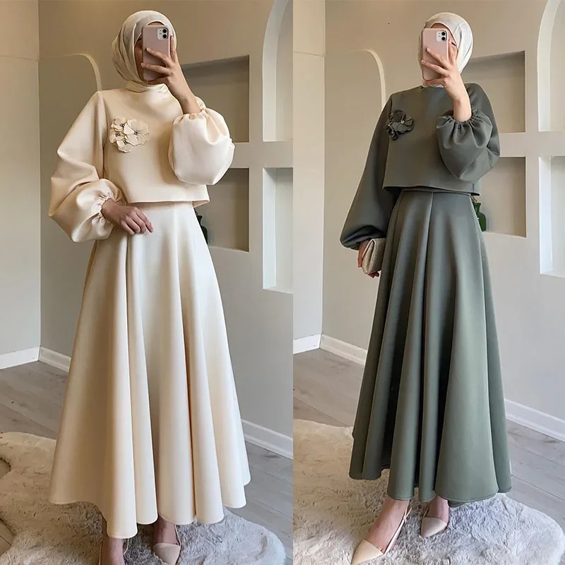 Eid Dubai Fashion Set 2 Piece Women Lantern Sleeve Top Shirt Skirts Suits Musulman Ensembles Jalabiya Appliques Muslim Sets 251107 f7