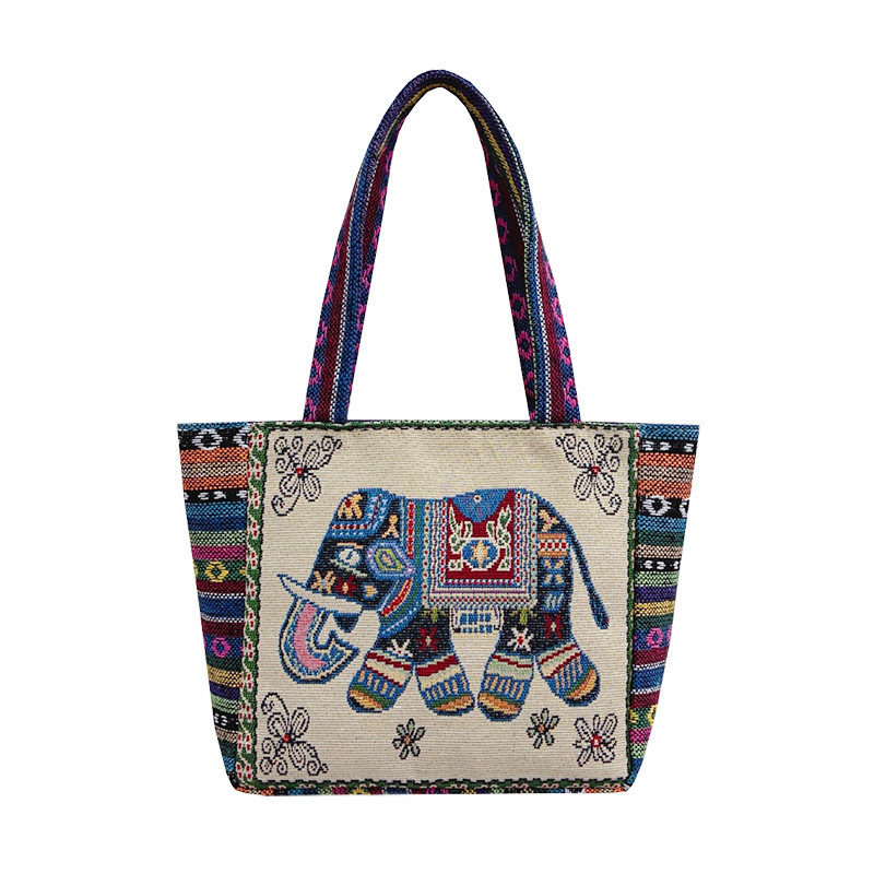 DD01 Women's Malaysian Crafted Ethnic Elephant Canvas Bag - Stylish Embroidery Small Shoulder Tote for Office Use