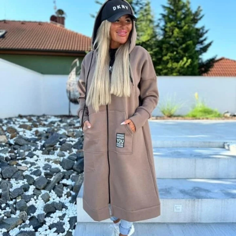 2025 Autumn and Winter Womens Elegant Long Coat Warm Thick Hooded Solid Color with Velvet Pocket Windbreaker 251030 8a