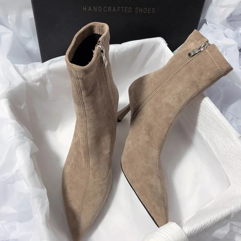 Pointed Toe Women Sock Short Boots Fashion Side Zippers Slim Ankle Booties Thin High Heel Autumn Winter 251107