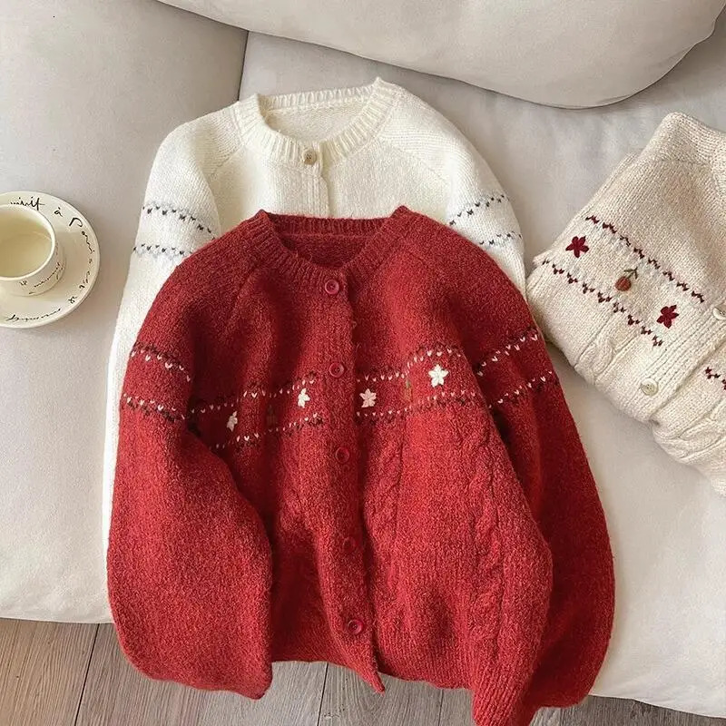 Christmas Red Flower Embroidered Knitted Cardigan Autumn Winter Womens Round Neck Single Breasted Sweater Warm Jacket Tops Coat 251104BJ