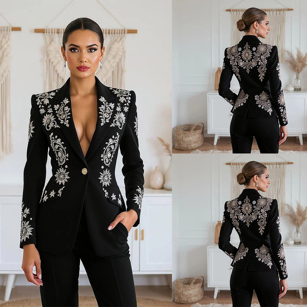 Ensemble Blazer 2 pièces avec des Appliques argentées pour femmes, coupe cintrée, Tuxedos de mariage, robe de bal, vêtements d'invités formels, p