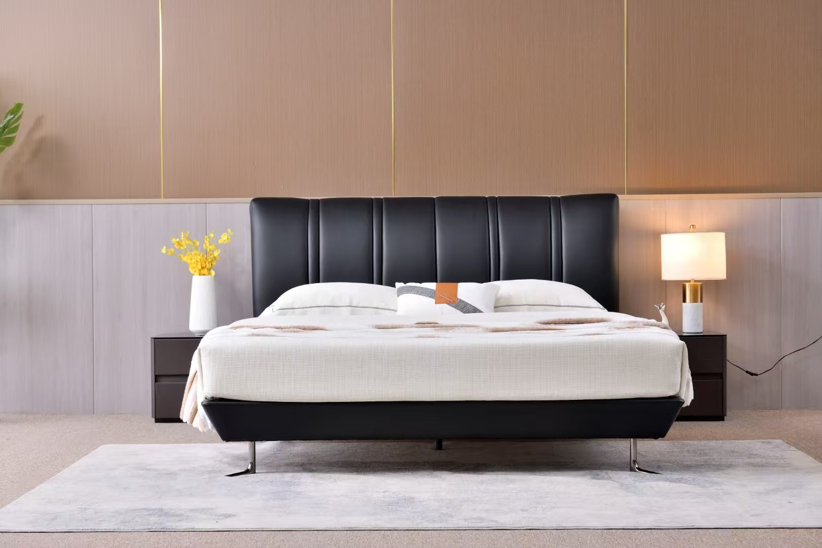 Durable Real Leather Double-Sized Soft Bed - Solid Wooden Framework-image-1083826564