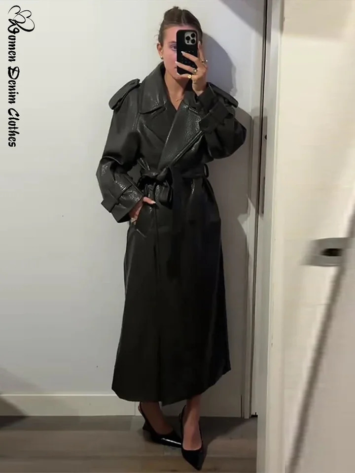 Elegant Pu Leather Womens Long Jacket Double Breasted Vneck Lace Up Solid Jackets Lady 2025 Autumn Winter Chic Female Outwears 251030 3f