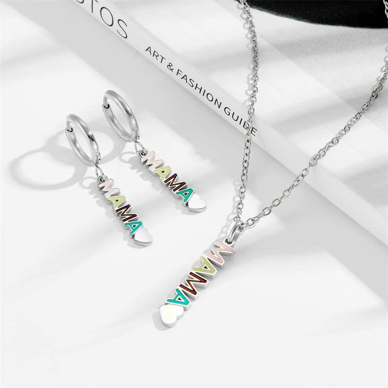 Fashion Women Men Silver Gold Stainless Steel Bear Mama Heart Letter Bead Bracelet Pendant Necklace Earrings Sets Jewelry Mother's Day-image-1052611187