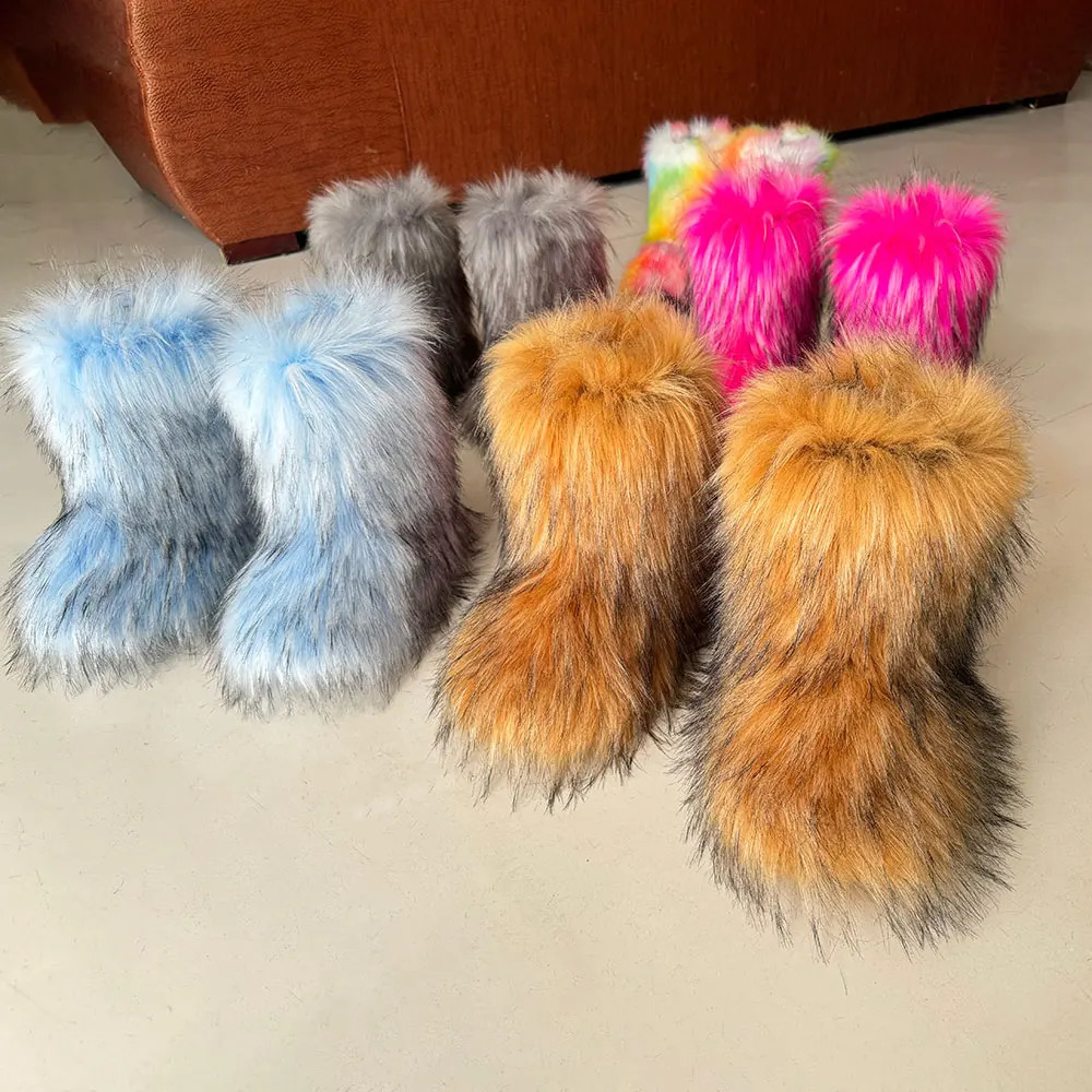 Y2K bottes d'hiver femmes fausse fourrure bottes de neige plate-forme chaude bottes longues mignon en peluche sur les bottes hautes filles chauss