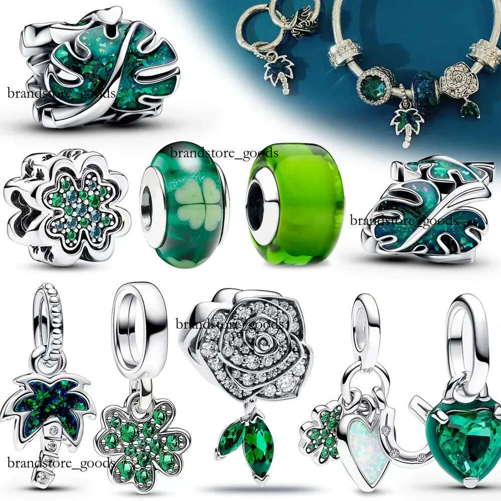 New Green Monstera Lucky Leaves Fit Bracelet 925 Sterling Silver Palm Tree Dangle Charm For Women Gift Jewelry 663