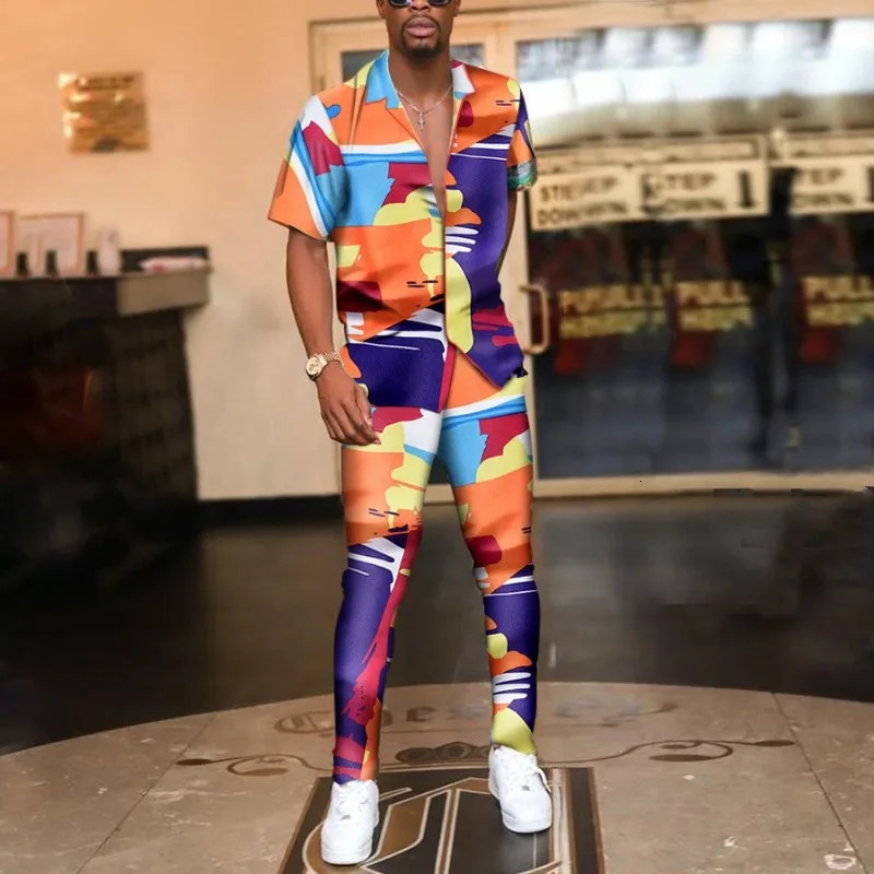 2025 European and American suits summer printed short sleeves t casual pants foreign trade mens suits mens shirts 250408
