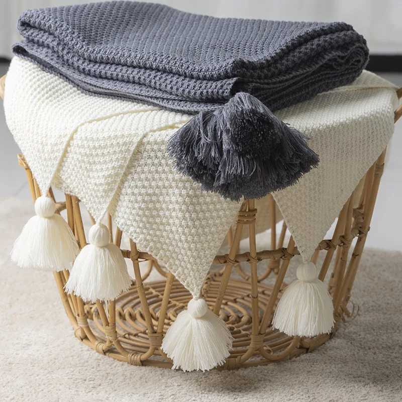 Nordic Chunky Knit Blanket - Waffle Texture Tassels Solid-Color Luxury Throw for Bed Sofa Couch DecorW251107-image-1083909338