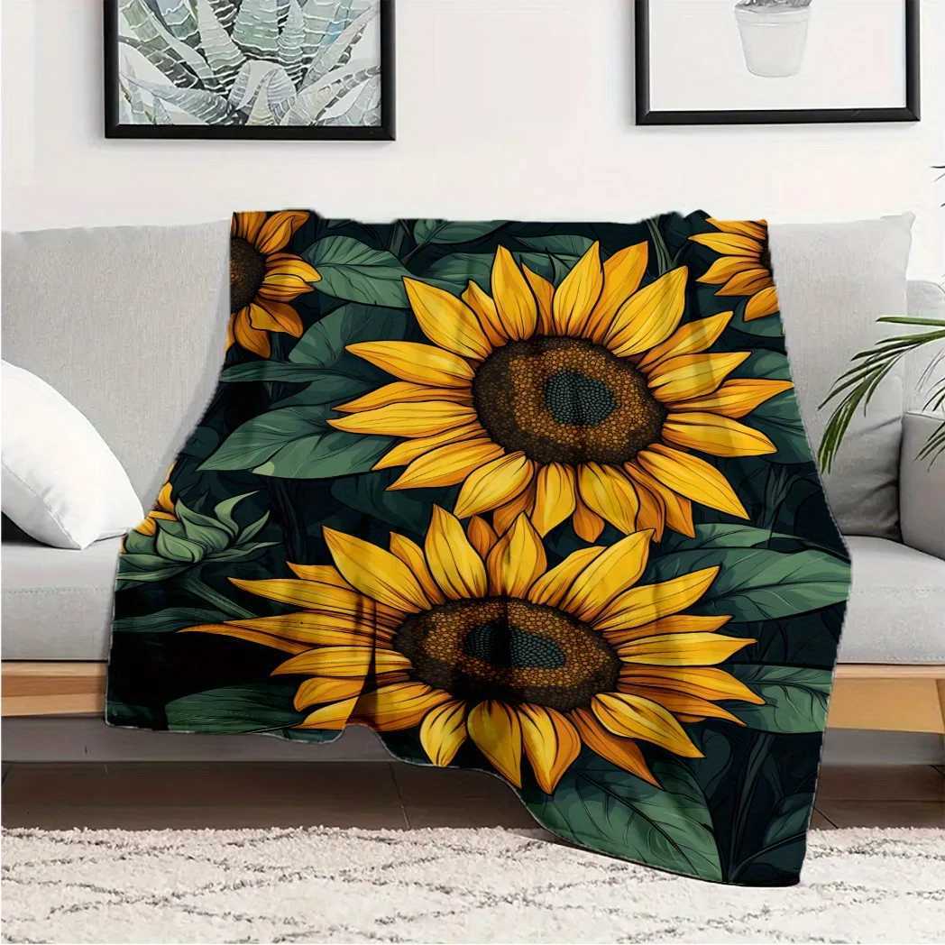 Storage All-Season Sunflower Pattern Fleece Blanket - Polyester Chunky Knit Uncharged Comfort Washable Throw for Sofa BedW251107-image-1083903019